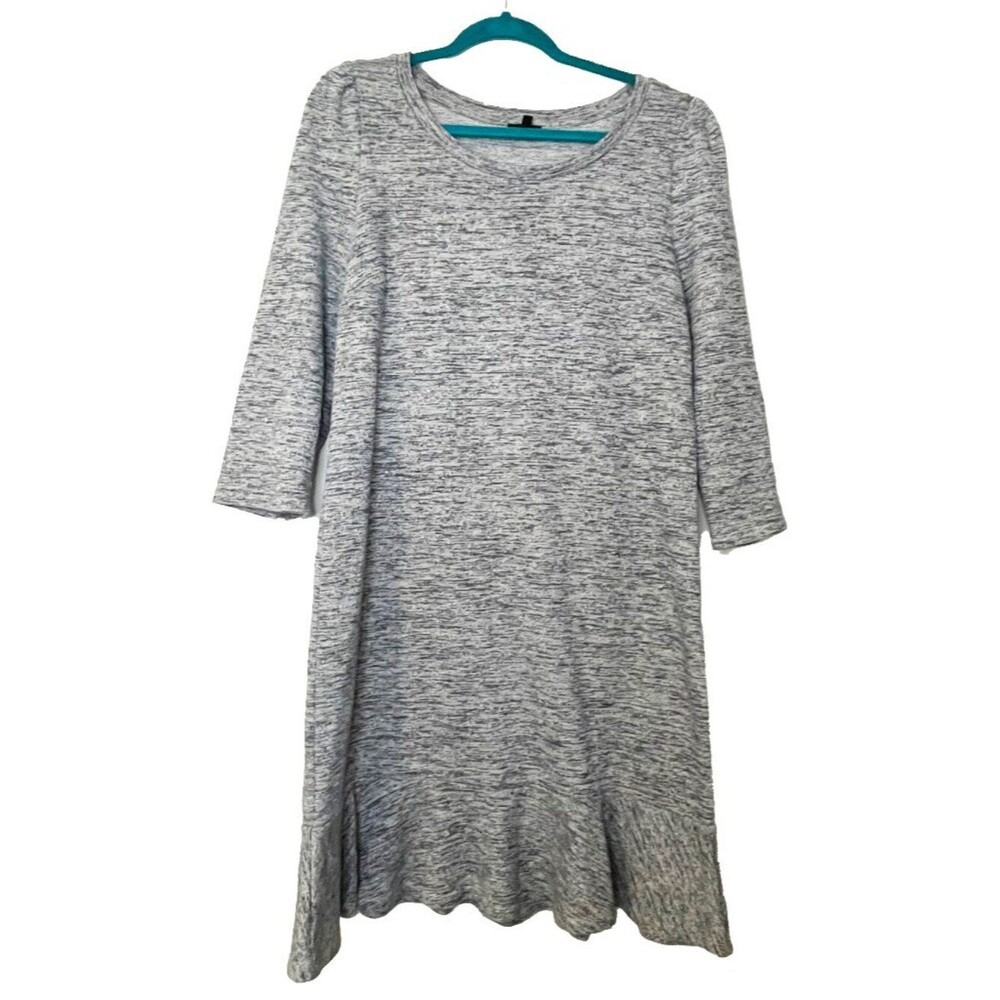 Talbots Gray Marled Knit Dress Large Soft Ruffle Hem Casual Shift Dress